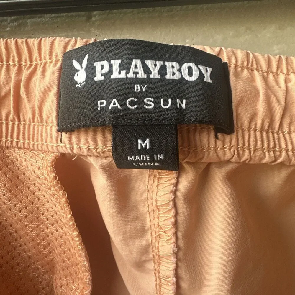 Playboy Shorts Men's M light Orange Coral Pacsun Swim Trunks Bunny Logo Pockets